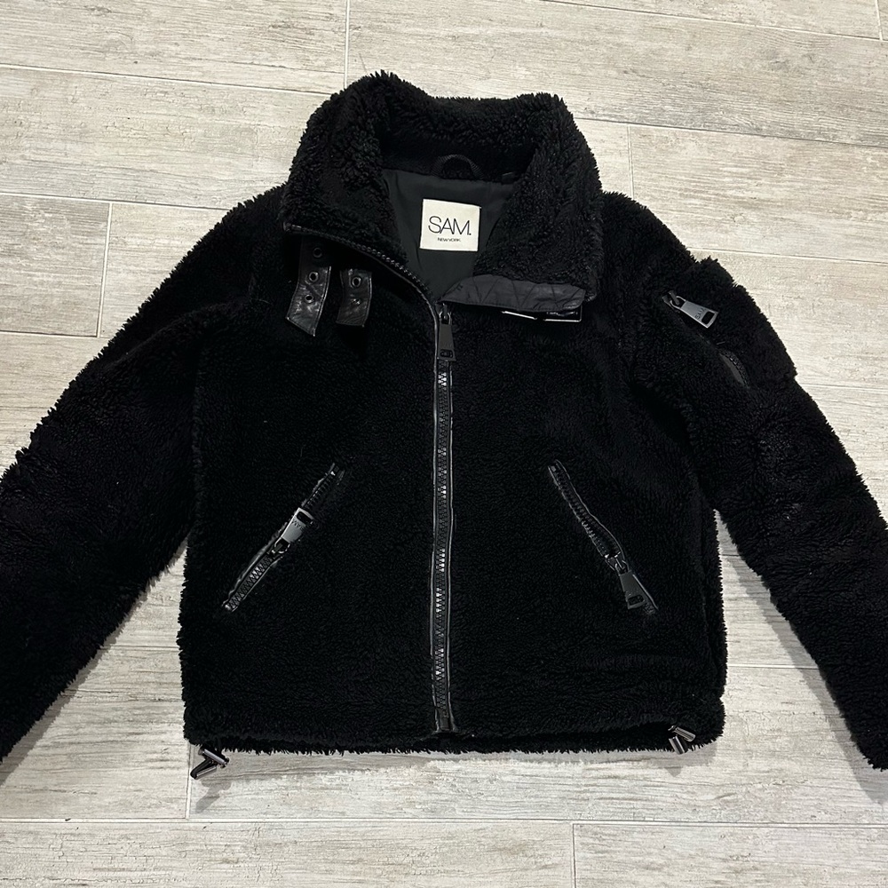 SAM Denver shearling coat in black size xs ladies
